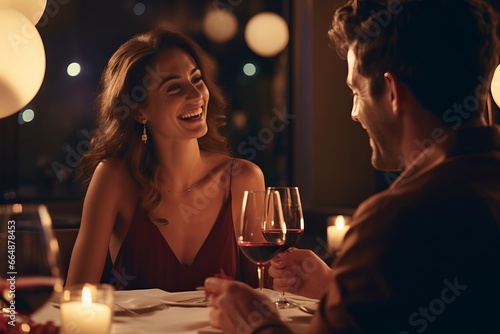Couple On A Candle Light Dinner Table Smiling and Looking to Each Other With Glass of Wine