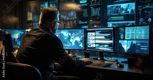 cyber forensics expert analyzing digital evidence, surrounded by multiple screens