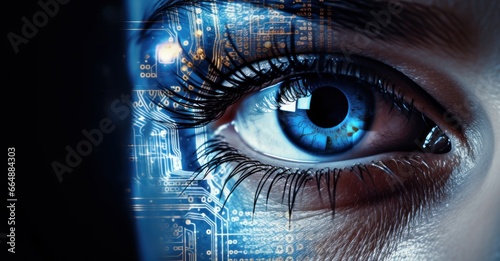 cybernetic eye scanning for vulnerabilities, representing AI's role in cybersecurity