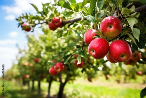 focused shot of bright red apples on a tree in an orchard