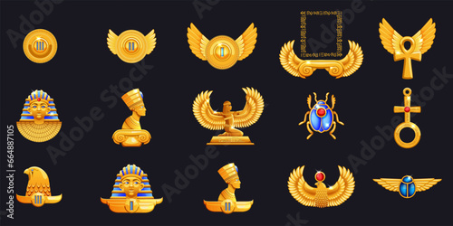 Egypt frames. Pharaoh game. Gold Egyptian UI slots. Old emerald ornament. Golden metal texture. Ancient sculptures. Treasure scarab and Ra god. Casino background. Vector jewelry antique elements set