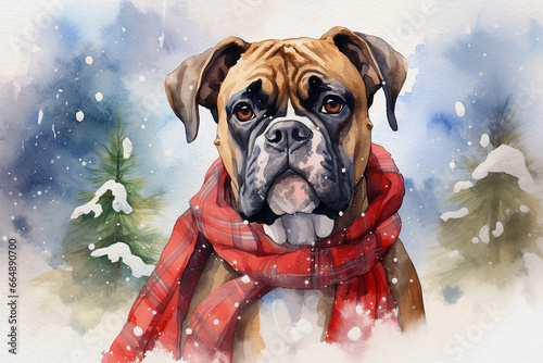 Christmas theme watercolour illustration of a brown boxer wearing a tartan scarf, sitting outdoors in the snow, great for social media and greeting cards