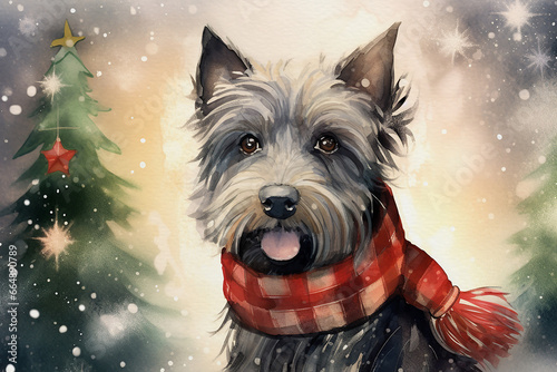 Christmas theme watercolour illustration of a grey shaggy terrier wearing a tartan scarf in the snow, great for social media and greeting cards