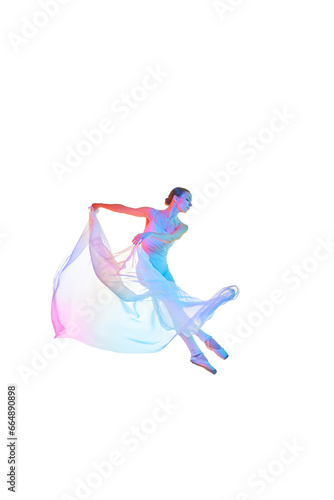 Pretty young woman, processional ballet dancer making performance with transparent fabric isolated on white background in neon light. Concept of beauty, classical dance, art, elegance, choreography