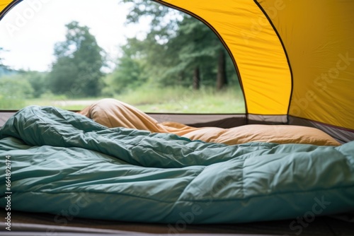 a snug sleeping bag unrolled in a tent