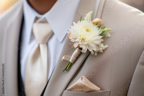 a close-up shot of a grooms boutonniere