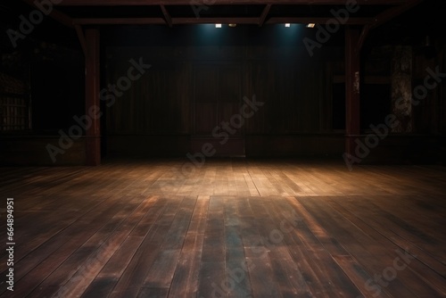 empty stage with old wooden floorboards under dim light