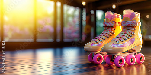 Yellow & pink roller skates in the park. A place where they teach you how to roller skate. Quad rollers with pink wheels on a wooden floor. Roller skates for sale, safety brands. Roller derby