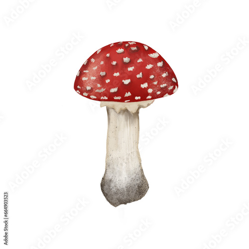 Beautiful illustration of an inedible fly agaric mushroom with a red cap and a white dot on a transparent neutral background
