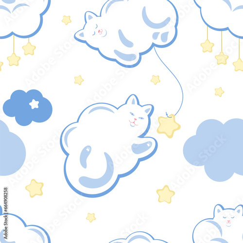 Vector seamless pattern of clouds in the form of cats in the sky with stars. Children's print for printing on textiles, paper, packaging, wallpaper. Ornament for baby clothes.