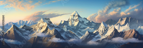 panorama of the Himalayas at sunrise, golden light spilling over craggy peaks, alpenglow, scattered snow, deep blue sky, expansive scale