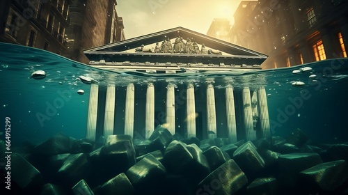 Banking crisis, depiction of a bank sinking underwater, representing bankruptcy, financial failure, and the economic impact of a market crash