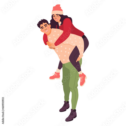 Beautiful romantic couple in winter clothes hugging. Vector illustration of young man and woman isolated on white background.