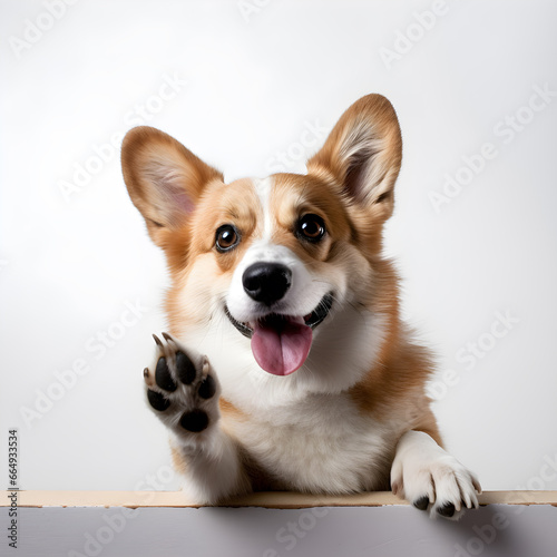 corgi dog giving paw isolated on a white background