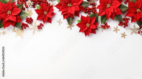 "Festive Christmas Border with Holly, Poinsettias, and Decorations on a White Background - Top View Flat Lay"