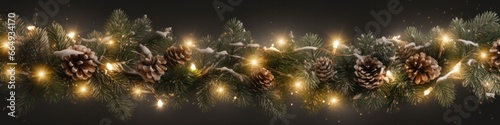 "Festive Christmas Garland Border with Glowing Lights and Evergreen Branches on Transparent Background for Cards and Banners"