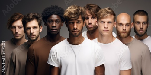 Multiracial men from the united states in a group, in the style of light white and dark amber. Success people Different races and religions