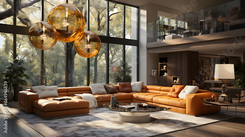 Mid-century interior design of modern living room with golden chandelier