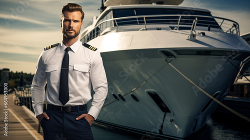 confident captain standing in front of a luxury yacht. The captain exudes a sense of professionalism and expertise, with the impressive yacht in the background.