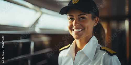 A beautiful female sailor, a member of the crew of a cruise ship or large yacht, smiles and is full of inspiration