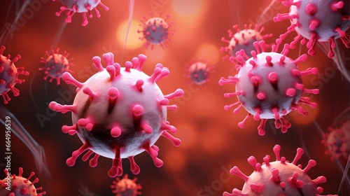 A 3D illustration of rabies virus cells, presented on a vibrant pink background.