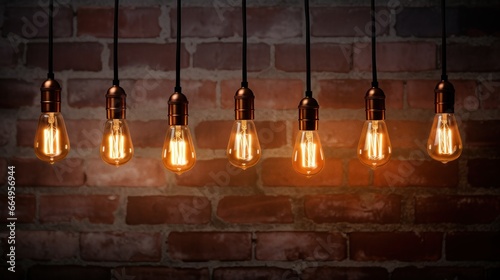 A collection of decorative antique Edison-style light bulbs showcased against a textured brick wall backdrop.