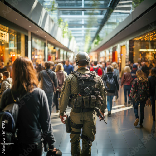 a military man patrolling at an airport. Increased attack alert level. crowded airport with a military man seen from behind to ensure security in case of a terrorist attack or threat. EUROPE