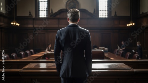 Une avocate vue de dos entre dans un tribunal