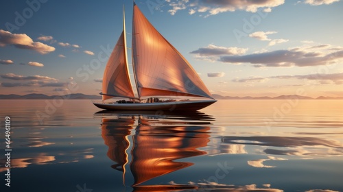 A majestic sailboat glides through the tranquil waters, its mast reaching towards the vibrant sky as the sun sets, reflecting off the surface and creating a breathtaking scene of freedom