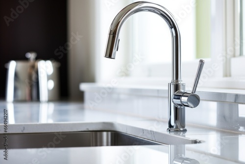 newly installed sleek, shiny kitchen faucet on a sink
