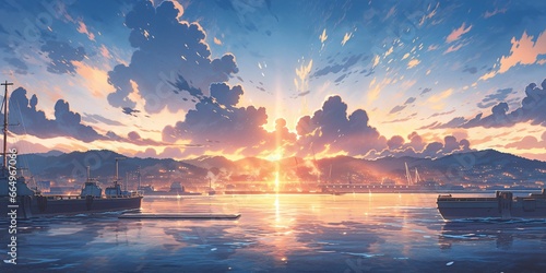Beautiful Harbor with Blue Sky and Sunset View in Japanese Anime Style