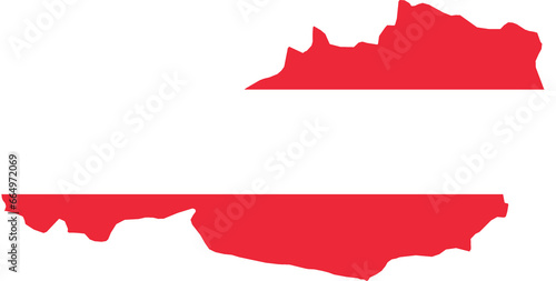 A contour map of Austria. Graphic illustration on a white background with the national flag superimposed on the country's borders