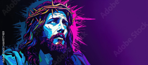 Graffiti portrait illustration of Jesus Christ with a crown of thorns with copy space on a purple background