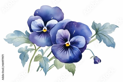 Dark blue pansy flower with watercolor. Generative AI