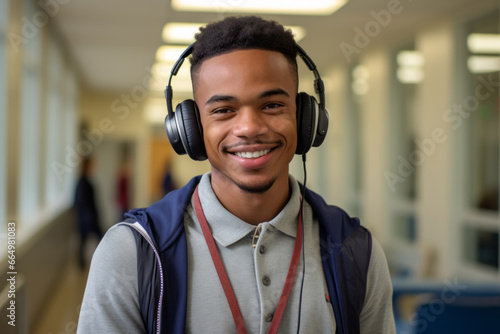 Estudiante de universidad en clase con auriculares puestos. 