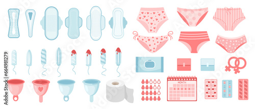 Feminine hygiene set. Menstrual period concept. Menstrual cup, tampons, soap, panties, monthly calendar, sanitary napkin and pills. Vector