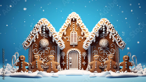 A gingerbread house with a blue background and a blue background with a gingerbread house and a gingerbread man
