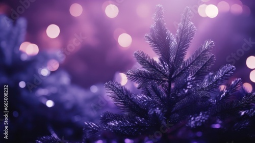 Blurred Purple Christmas Tree with Soft Lights: Festive Macro Shot with Dark, Unfocused Background