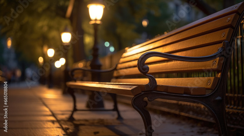 Close-up shot of inviting benches nestled along a quiet night alley in a city park