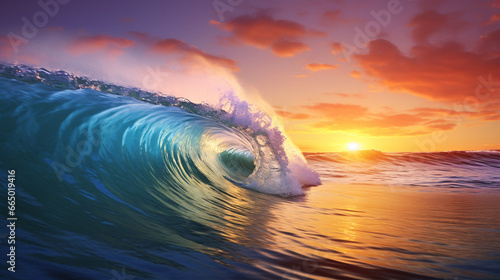 A vivid ocean wave with a crest of sea water, set against the backdrop of a stunning sunset and picturesque clouds.