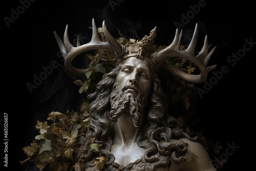 Statue of pagan god with deer antlers crown and golden details on a black background