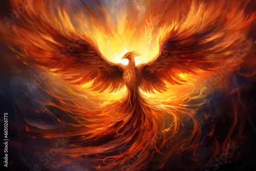 A phoenix rising from mystical flames.