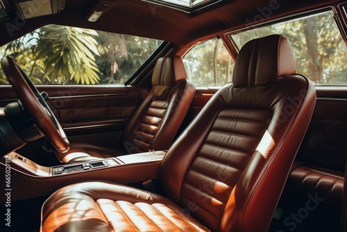 Brown leather interior of an expensive luxury car . Stylish design and comfortable sunlit car seats . Car’s interior 