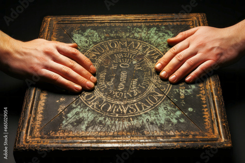 Group of hands touching Ouija board planchette, plain background.