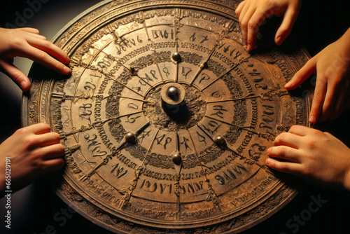 Old Ouija board, planchette and hands on plain background.