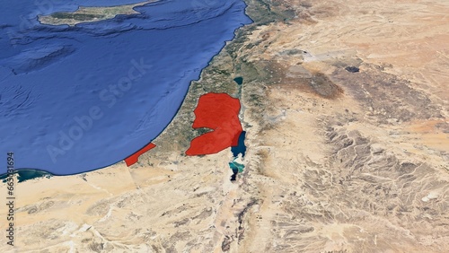 A 3D satellite image map of the earth showing the Palestinian Territories with Gaza Strip and West Bank highlighted in red. No text.