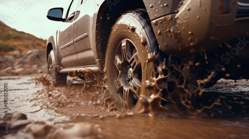 Close-up view of car tires conquering the muddy terrain