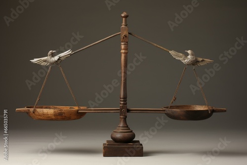 A wooden balance scale with two birds on its bars, placed on a piece of wood with a hanging chain. Generative AI