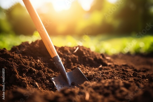 Closeup view of a shovel buried in the soil with shallow depth of field. Generative AI