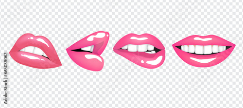 Realistic bright sexy female lips in pink color. Set of isolated vector illustrations on transparent background